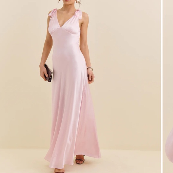 reformation pernille silk dress Reformation Pernille Silk Peach Tie Shoulder V-Neck Maxi Gown The Closet New York